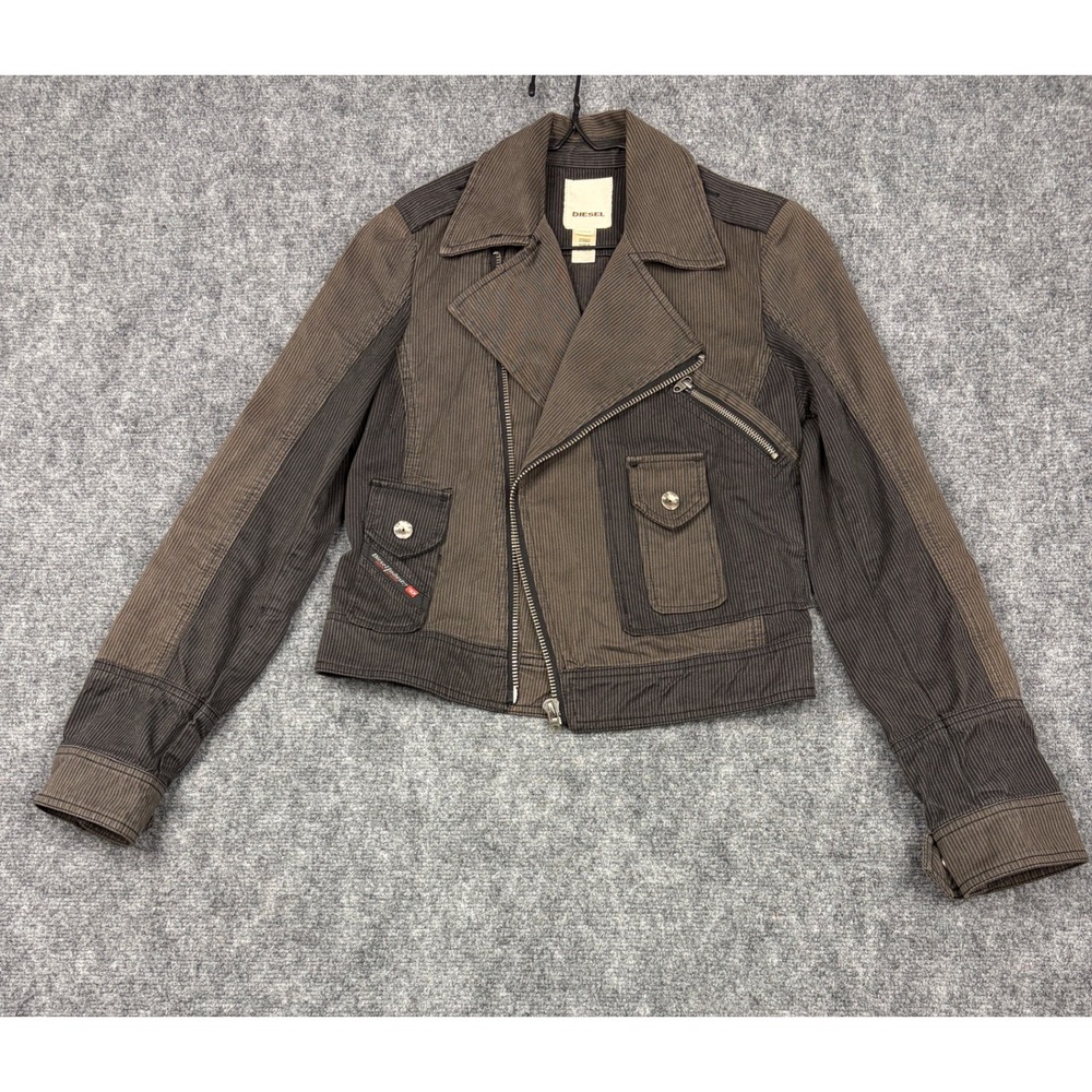 Diesel Industry Pinstripe Herringbone Moto Jacket Brown Charcoal Size S